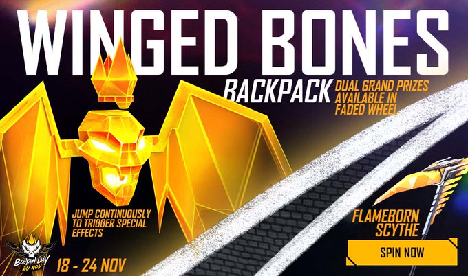 Free Fire Booyah Day: Get Winged Bones Backpack and Flameborn Scyth