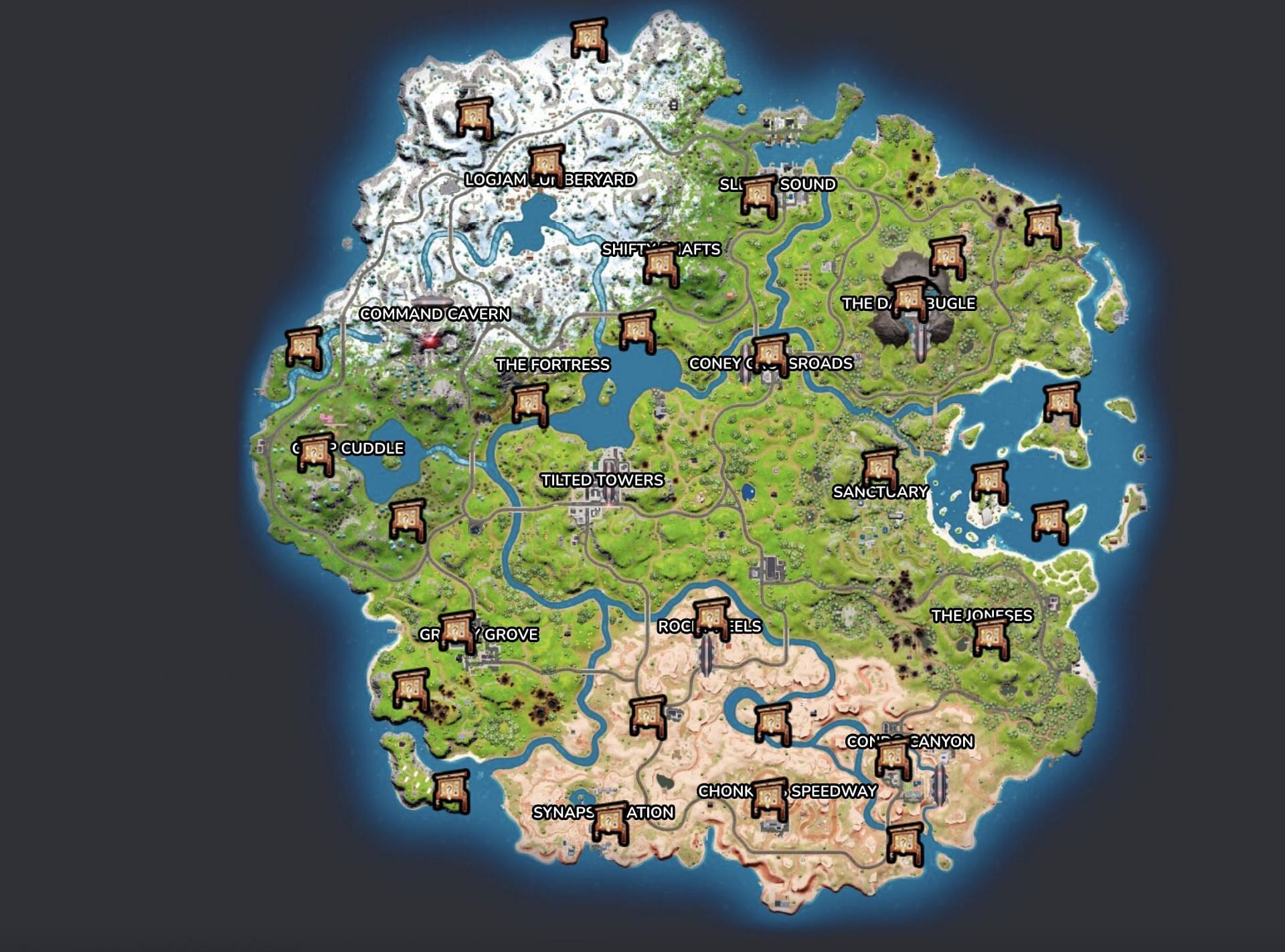 The locations of the bounty boards this season (Photo from Fortnite.GG)